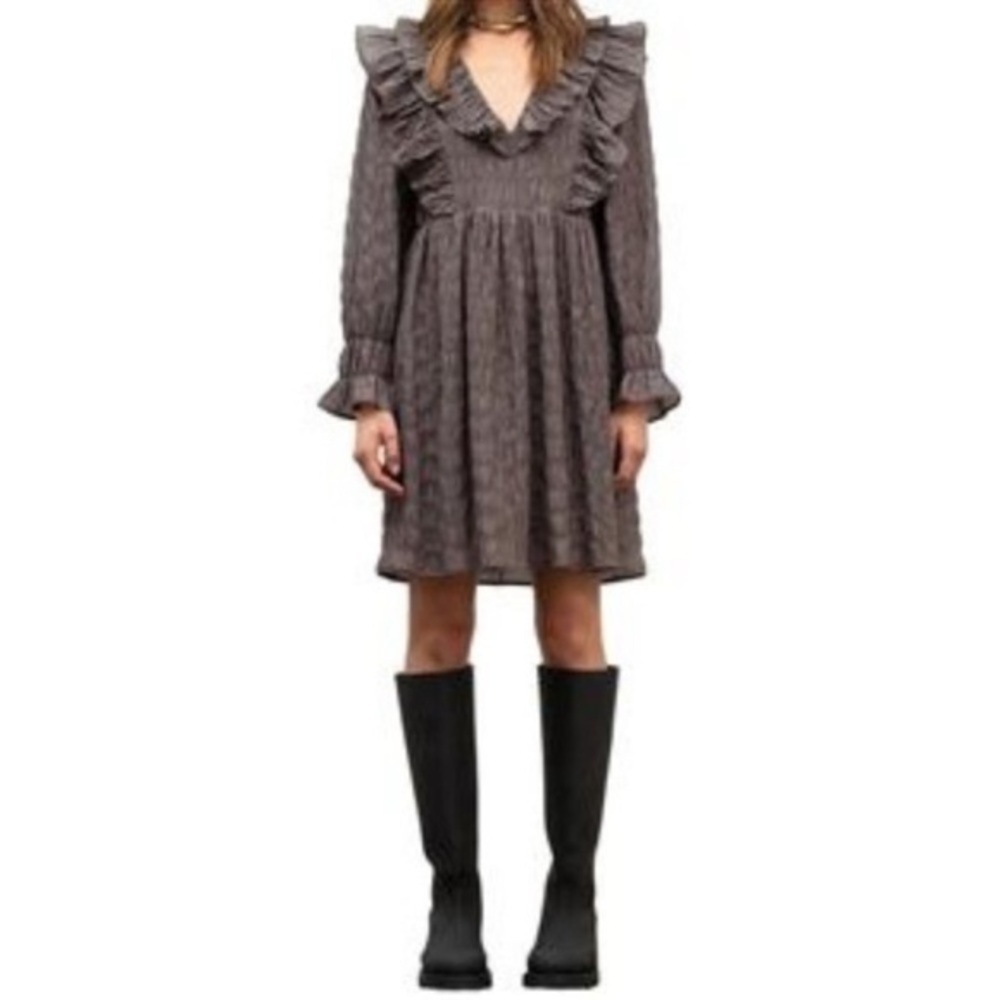 NWT Moon River Long Sleeve Ruffle Mini Black Gray Babydoll Gingham Dress Size S